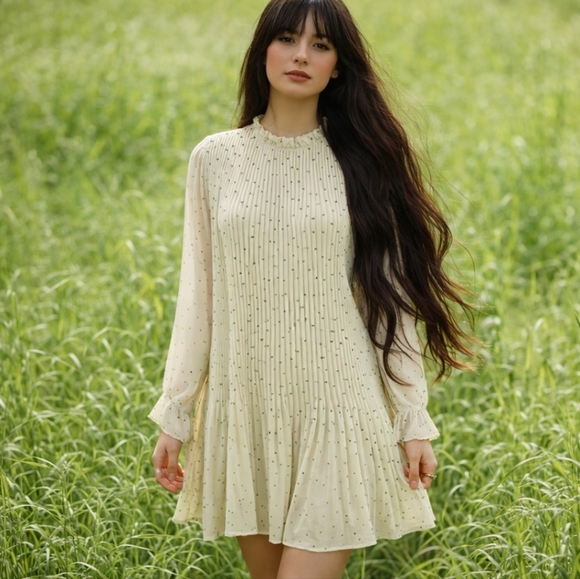 Mod Ref Dresses & Skirts - Mod Ref Beige Neutral Neutral Pleated Long Sleeve Chiffon Flowy Dress NWT Sz S